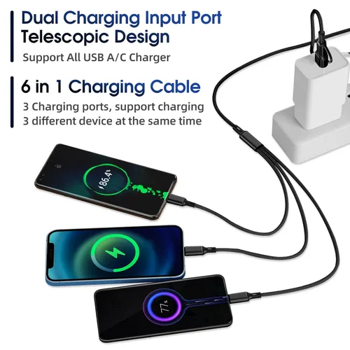 Miniatura 5 de Cable de carga múltiple 6 en 1 [3 unidades de 4 pies] Cable de carga rápida de nailon trenzado múltiple USB A/C a teléfono USB C/Micro USB/i-P Cable