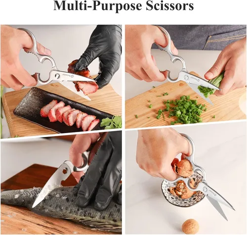 Miniatura 4 de Sunnecko Tijeras de cocina resistentes, tijeras de cocina de acero inoxidable, tijeras de aves de corral micro dentadas ultra afiladas, tijeras