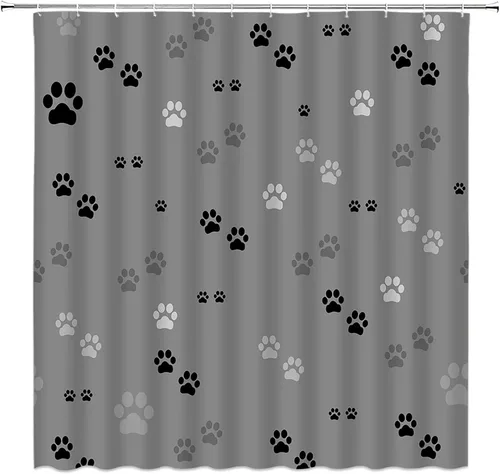 Cortina de ducha con estampado de patas, lindo gato, perro, mascota, pata de mascota, juego de decoración de baño con ganchos, (59 pulgadas de ancho