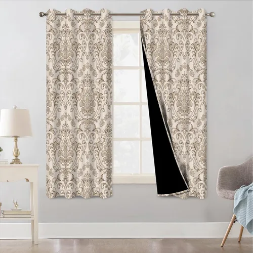 Cortinas opacas beige para dormitorio y sala de estar, cortinas opacas con patrón de damasco vintage, juego de 2 paneles de 63 pulgadas de largo,