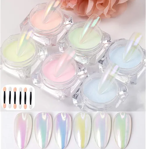 6 cajas de polvo de uñas de cromo de sirena, espejo aurora, holográfico, láser, colorido, neón, perla, pigmento, manicura, purpurina con 6 barras de