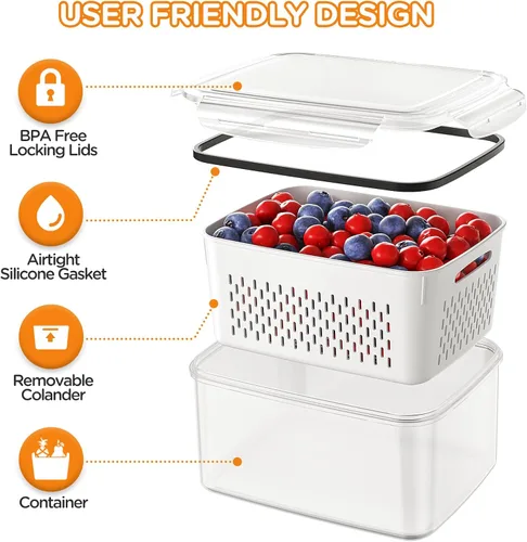 Miniatura 4 de Paquete de 5 recipientes de almacenamiento de frutas para refrigerador con coladores extraíbles, 4 en 1 contenedores de almacenamiento de productos