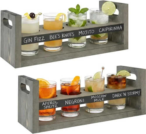 MyGift Juego de 2 bandejas de muestreo de vuelo de cerveza, paleta de degustación de madera gris con etiquetas de pizarra y 4 vasos, organizador de