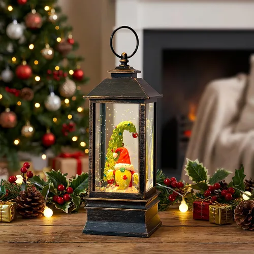 Miniatura 7 de Gnomos de Navidad de 10 pulgadas, linterna de globo de nieve iluminada, caprichoso árbol de Navidad y elfo escandinavo, linterna de agua musical