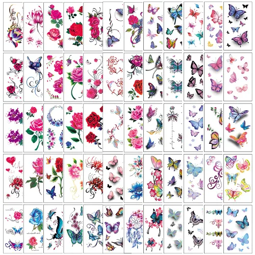 60 hojas de tatuajes temporales de flores, tatuajes de mariposas, palabras, líneas, tatuajes para adultos, hombres y mujeres