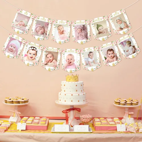 Miniatura 3 de TWO WILD Cartel de fotos de princesa para primer cumpleaños, diseño de castillo real y corona, rosa, 13 piezas, montaje en pared, solo lavado a
