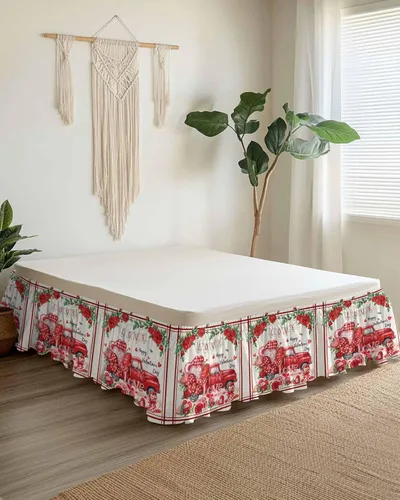 Miniatura 9 de Falda de cama a cuadros rojos y negros, tamaño Cal King, con caída de 18 pulgadas, ajustable y elástica, plisada, con volantes antipolvo de lujo