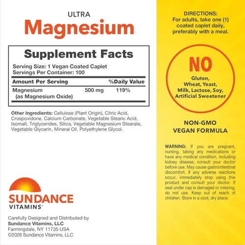 Miniatura 2 de Sundance Suplemento de magnesio 500 mg Óxido 100 comprimidos recubiertos Vegetariano, sin OMG y sin gluten
