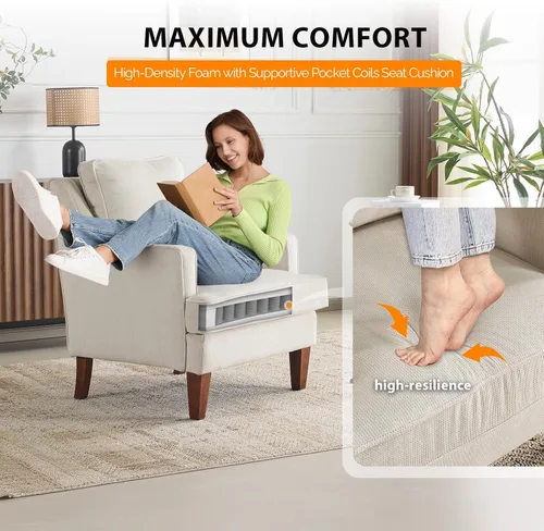 Miniatura 4 de VINGLI Juego de 2 sillas decorativas modernas de mediados de siglo, sillón tapizado beige, cómodos sillones de lectura, respaldo alto para sala