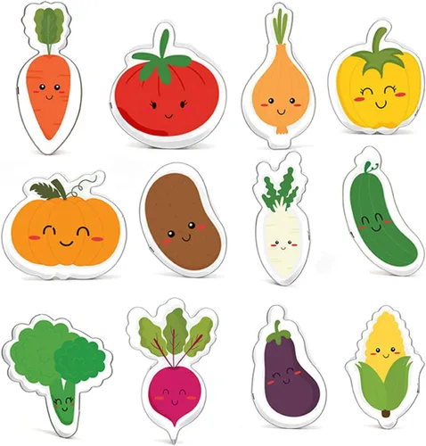 Miniatura 2 de Juego de 12 cortadores de galletas de verduras, berenjena, maíz, rábano, calabaza, tomate, acero inoxidable, marco de placa, pastelería, galletas
