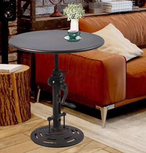 Miniatura 5 de Mesa auxiliar redonda de 19.6 pulgadas, estilo industrial, mesa de té de metal, manivela de mano, mesa auxiliar de altura ajustable para sala