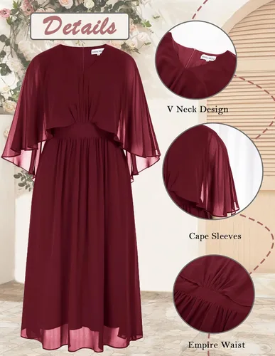 Miniatura 5 de Hanna Nikole Vestido de fiesta de noche de gasa con cuello en V para mujer, talla grande, manga capa, maxi vestidos para invitados de boda