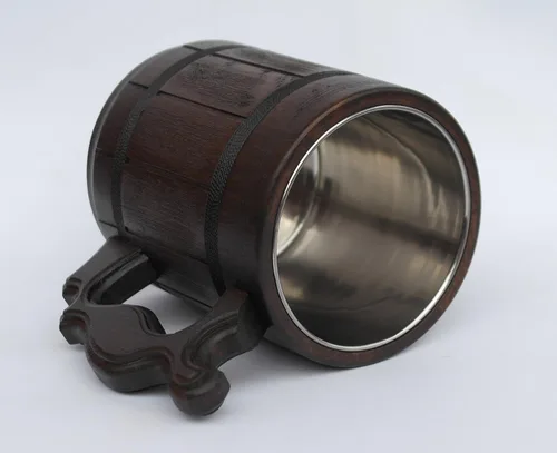 Miniatura 3 de Taza de madera hecha a mano de 20 onzas, taza de acero inoxidable tallada de cerveza natural, color marrón antiguo, taza de cerveza tallada