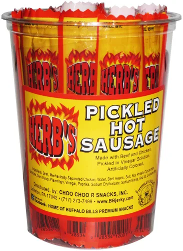Salchichas calientes en escabeche Herb's de 0.7 onzas envueltas individualmente, 24 salchichas calientes en escabeche por taza