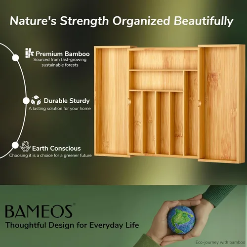 Miniatura 5 de BAMEOS Organizadores de cajones de bambú para cubiertos, organizador de cajones de utensilios de 11.9 pulgadas para cajones de cocina, organizador