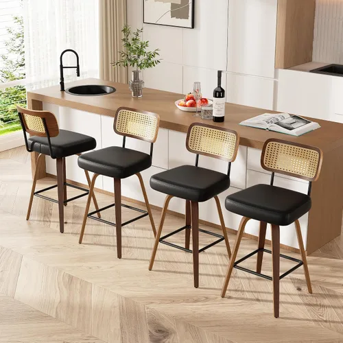 Miniatura 60 de Juego de 1 taburete de bar giratorio, taburetes de bar tapizados de 26" de altura para encimera con respaldo de nogal y patas de madera curvada
