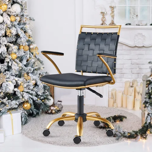 Miniatura 8 de Silla de oficina moderna de cuero, color dorado y negro, bonita silla de conferencias con respaldo medio con ruedas y brazos, cómoda silla giratoria
