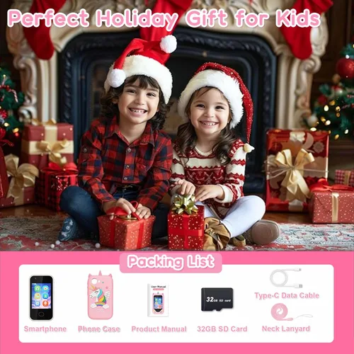 Miniatura 6 de Teléfono inteligente para niños, regalo de cumpleaños de Navidad para niños de 3 a 10 años, pantalla táctil, juguete con cámaras, aprendizaje, rosa01