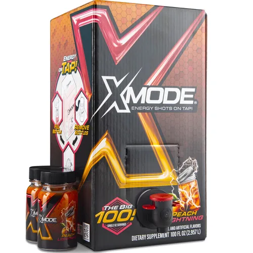 Miniatura 6 de XMODE Extra Strength Energy Shots on Tap - Sabor a bomba de cereza, sin azúcar, 150 mg de cafeína por oz, B12, 100 porciones (1 onza), dispensador