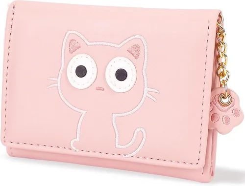 Miniatura 65 de CONISY Lindas carteras para mujer, de cuero con bloqueo RFID, pequeña cartera triple con ventana de identificación para niñas y mujeres