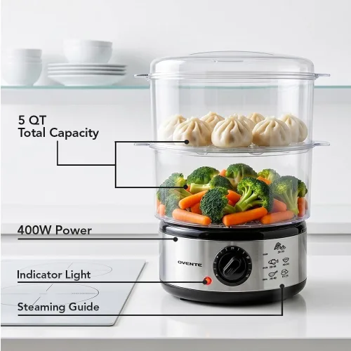 Miniatura 4 de OVENTE Vaporizador eléctrico de alimentos de 2 niveles, olla de vapor apilable de acero inoxidable de 5 cuartos de galón con potencia de 400 W