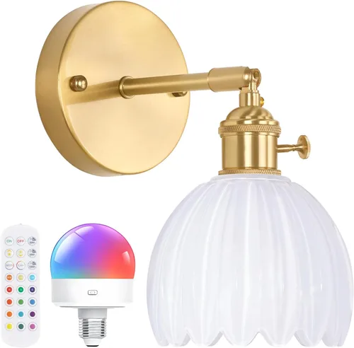 Miniatura 41 de Shenmoyl Aplique de Pared Vintage Operado por Batería con Linda Campana de Vidrio Tulipán Verde, Recargable Inalámbrica, Luz de Pared con Control