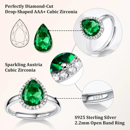 Miniatura 4 de 925 Sterling Silver Birthstone Rings for Women Girls with Clear 2ct HeartRoundTeardropSquare Crystal, Solitaire Diamond Halo Open Bands Cubic