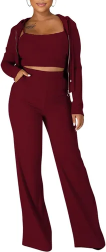 WUSENST Women 3 Piece Outfits Ribbed Knit Long Cardigan Crop Tank Top Wide Leg Palazzo Pant Lounge Sets