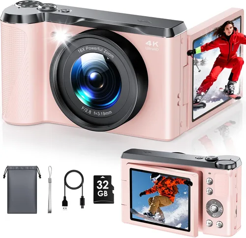 Focusinc Cámara digital 4K 56MP Cámara de fotos portátil compacta, zoom digital 16X, enfoque automático antivibración, pantalla de 3 pulgadas con