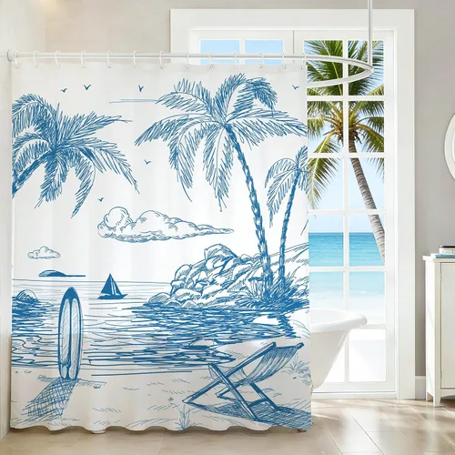 Miniatura 6 de MEHOFOND Cortina de ducha de surf, tabla de surf retro, diseño de palmeras tropicales, sala de estar, silla de verano para playa, tela de poliéster