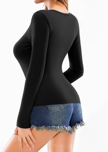 Miniatura 3 de MANGOPOP Camiseta de manga larga con cuello en V profundo para mujer, con forro polar