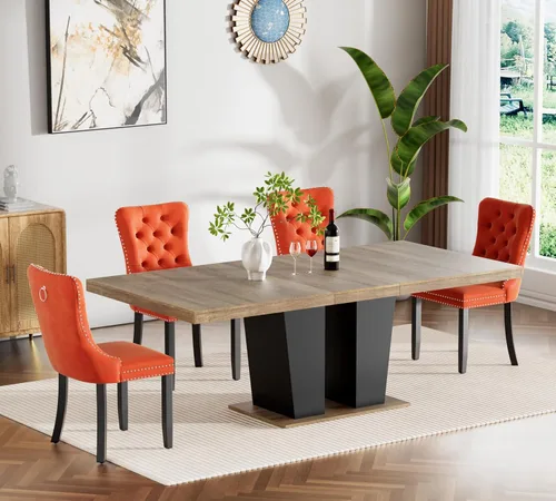 Miniatura 25 de Henf Juego de mesa de comedor extensible de 7 piezas para 6, 160 cm-200 cm Mesa de cocina extensible de grano de mármol blanco con 6 sillas Blanco