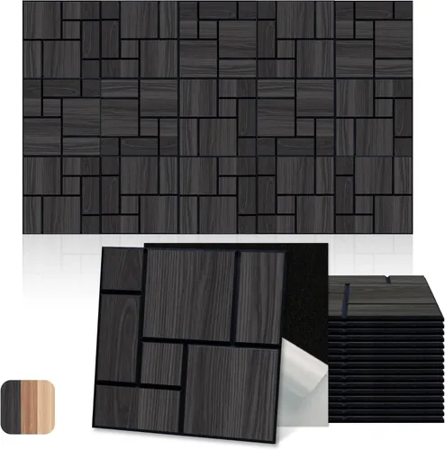Miniatura 20 de Mollywell Paneles acústicos, decoración de grano de madera de PVC, azulejos de pared con patrón tallado de 12 x 12 pulgadas, autoadhesivos