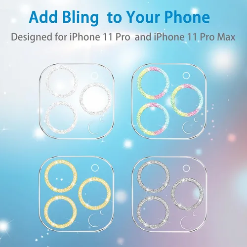 Miniatura 3 de Paquete de 3. Protector de lente de cámara de vidrio templado Dengduoduo para iPhone 11 Pro de 5.8" y iPhone 11 Pro Max de 6.5", Bling Sparkle