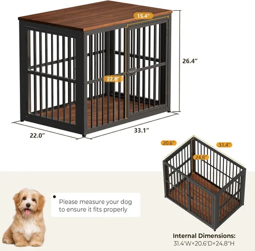 Miniatura 7 de Lyromix Mueble de jaula para perros de 33 pulgadas con 3 puertas, mesa auxiliar de jaula de madera resistente para cachorros de interior para perros