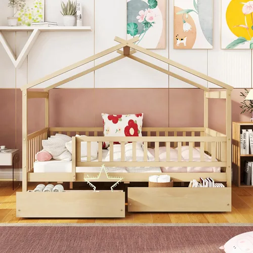 Miniatura 21 de Harper & Bright Designs Cama de madera con nido, marco de cama Platforn para niños de tamaño individual con rieles de valla y techo para niñas