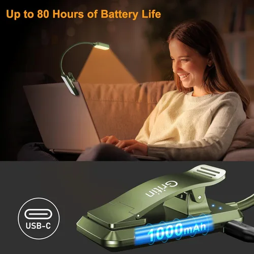 Miniatura 6 de Gritin Luz de libro recargable de 16 LED para leer en la cama, cuidado de los ojos, 3 temperaturas de color, brillo de atenuación continua, 80 horas