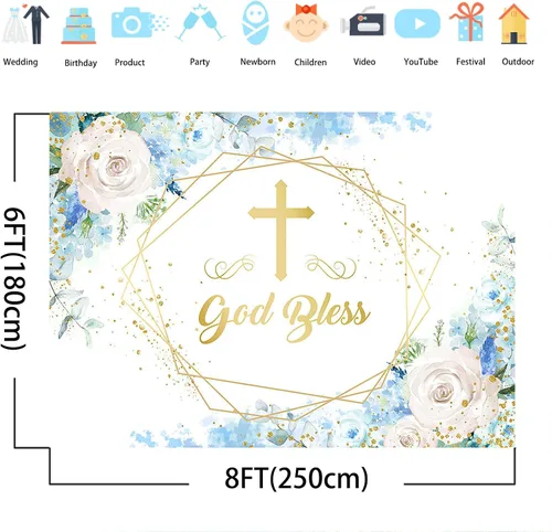 Miniatura 3 de Avezano Telón de fondo azul con texto en inglés "Boy God Bles", fondo floral azul para baby shower, para primera comunión, decoración de baby shower
