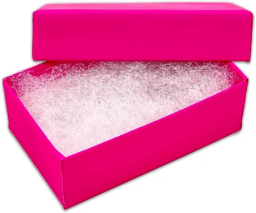 The Display Guys - Paquete de 100 cajas de cartón de papel kraft rellenas de algodón #21 para joyas, cajas de regalo, color fucsia neón (2.6 x 1.6 x