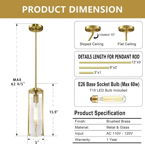 Miniatura 5 de Untrammelife Lámpara colgante moderna dorada, lámpara colgante de cristal agrietado de 14 pulgadas de alto, 1 lámpara de techo de latón cepillado
