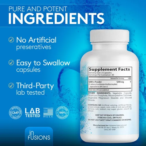 Miniatura 5 de Infusiones Máxima Fuerza Pure SAM-e 1200mg 90 Cápsulas Vegetales (S-adensoil-metionina)