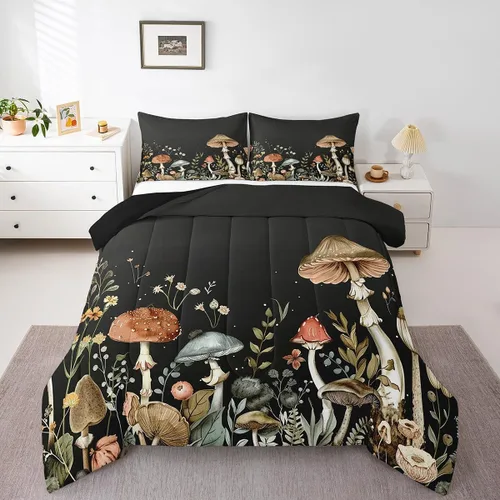 Miniatura 13 de Feelyou Lindo juego de ropa de cama de hongos kawaii tamaño individual para niños y niñas, decoración de hongos salvajes, juego de edredón