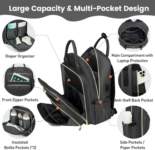 Miniatura 3 de LOVEVOOK Bolsa de pañales para bebé, mochila impermeable para pañales con puerto de carga USB para bebé, gran capacidad para laptop de 15.6 Gris