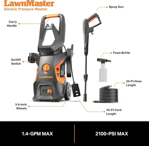 Miniatura 6 de LawnMaster Lavadora a presión eléctrica LT306-1800C 13 Amp 1.4 GPM 2100 Max PSI CSA certificada con botella de espuma