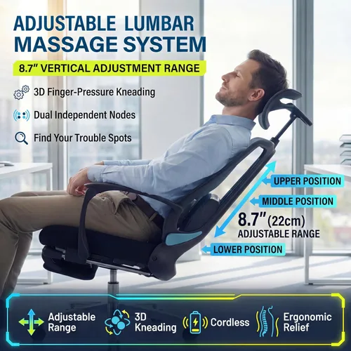 Miniatura 3 de Silla de oficina ergonómica con reposapiés y masajeador lumbar ajustable, respaldo alto, grande y alto, silla de escritorio con reposacabezas 5D