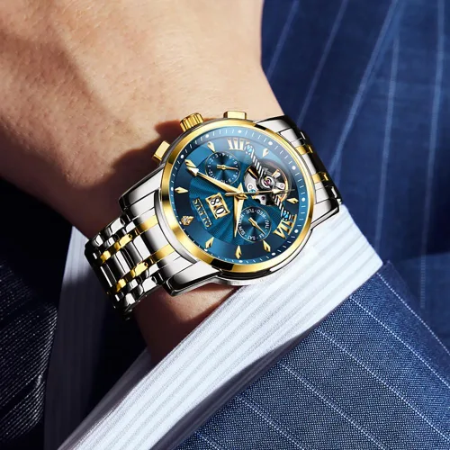Miniatura 5 de OLEVS Relojes de cuerda automática para hombre, reloj mecánico automático Tourbillon de acero inoxidable con doble calendario, impermeable, luminoso