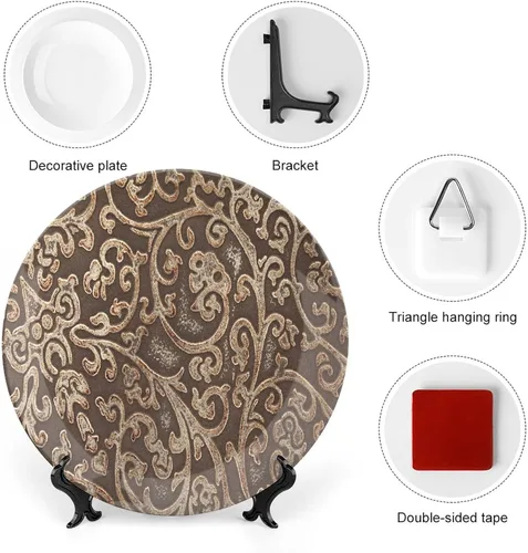 Miniatura 3 de XISUNYA Plato decorativo de 6 pulgadas, plato de cena retro, patrón floral de cuero, textura de fondo estampado de fondo de cerámica para colgar
