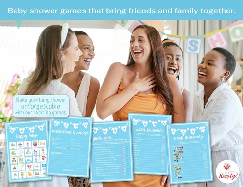 Miniatura 5 de Party Hearty Juegos de baby shower para niños, 250 tarjetas de actividades de 5 juegos azules, divertidos juegos de baby shower, ideas para baby