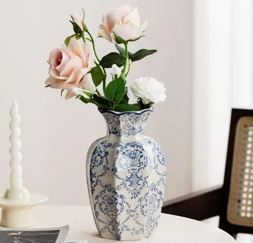 Jarrón azul y blanco, recipiente vintage de flores de cerámica azul, jarrones de cerámica para decoración del hogar, verde y beige vintage para mesa