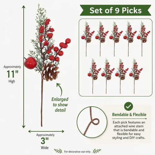 Miniatura 5 de BANBERRY DESIGNS Púas de Navidad – Plantación de piña con punta de nieve – racimos de bayas rojas y manzanas – Decoración – Artesanía – 9 piezas